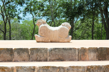 Jaguar sculpture, animal statue on the square near the Governor's palace at Uxmal archeological and...