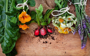 country style fresh garden harvest and flowers