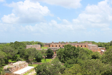 Fototapeta na wymiar Uxmal, aerial view on Nunnery, view from the top of Great Pyramid situated on the territory of Uxmal archeological and historical site, representative of the Puuc architectural style, Yucatan, Mexico