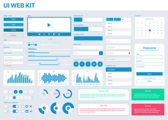 UI kit for mobile apps and web interface design, flat and minimalistic style, buttons and inputs, charts and infographics, vector image