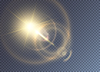 Glimmering golden vector sun with lens flare