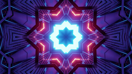 3D rendering of a futuristic kaleidoscope hallway towards a portal with colorful neon lights