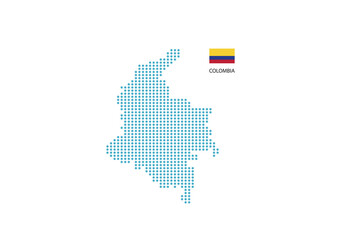 Colombia map design blue circle, white background with Colombia flag.