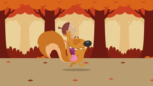 Cute Squirrel Cartoon Character Running With Acorn. 4K Animation Video Motion Graphics With Forest Background 