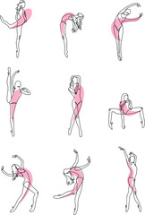 Faces and figures of women, drown in one line. Beautifull minimalistic illusrtation. Abstract colored spots for decorating. Illistration of ballerinas in elegant poses.