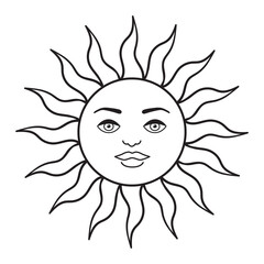 Bohemian illustration, celestial vintage design, sun with face, stylized drawing, tarot card. Mystical element