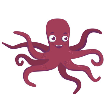 Cute cartoon octopus in burgundy color. Vector graphic.	