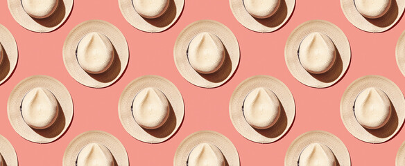 Pattern of straw hats on pink pastel background