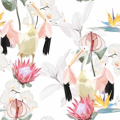 Pelican bird  with palm leaves and exotic flowers floral seamless pattern on white background. Exotic jungle bird wallpaper.