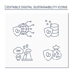 Digital sustainability line icons set. Global industrial innovation and growth.Greenhouse gas emission, data, eco-friendly disposal.Digitalization concept.Isolated vector illustrations.Editable stroke