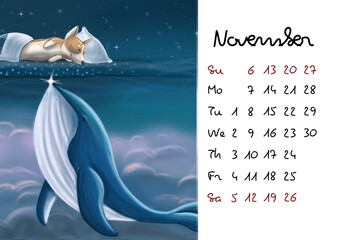 Calendar November 2022 monthly cute corgi puppy sleeping at night and dreaming huge blue whale in the ocean illustration 