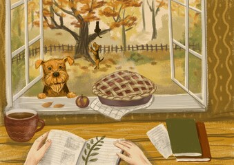 Cute autumn countryside garden view from the window with dog, pie, books, tea
