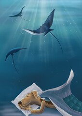Cute airedale terrier puppy sleeping at night and dreaming ocean and stingrays illustration 
