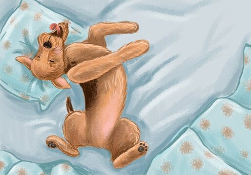 Cute airedale terrier dog sleeping on bed cartoon illustration 