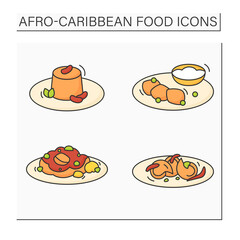 Afro-Caribbean food color icons set. Traditional dishes.Akara and ogi, moin-moin, peppered snail, oxtail. Local food concept. Isolated vector illustrations