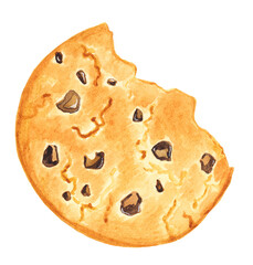 Chocolate chip cookie watercolor illustration. Hand illustration isolated on white background. Food, dessert, flour.