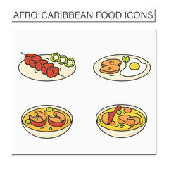 Afro-Caribbean food color icons set. Traditional dishes.Fish pepper soup, okra, suya. Fried plantain with eggs. Local food concept. Isolated vector illustrations