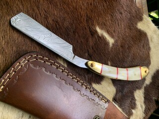 Damascus steel hunting knife with wooden handle Kitchen old knife on a leather cowboy Damascus object knife 12