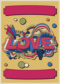 1960s Hippie Art Style Abstract Illustration, Love Lettering 