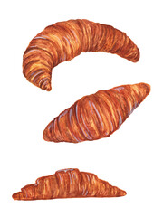 Croissant, flour product. Food, restaurant. Set. Isolated on a white background. Watercolor illustration.