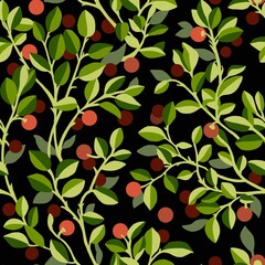 Botanical seamless pattern with decorative red berries and green twigs on black background for your design projects