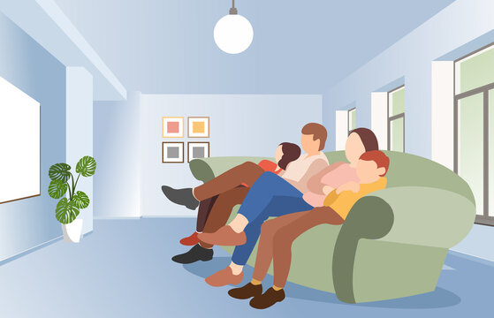 Family sitting on the sofa and watching TV at home in room.vector illustration.