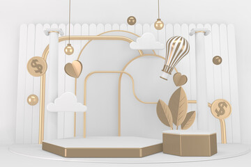 Victory  golden podium winner on white background minimal design. 3D rendering