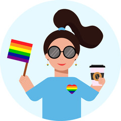 A woman holds a lgbt flag in his hands. Isolated girl  with a coffee in a flat style. Vector stock illustration. Flat illlustration.