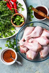 Raw Chicken Drumsticks LEgs in Bowl Prepared for Grill