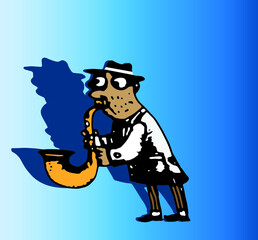 Funny cartoon saxophone player with a hat