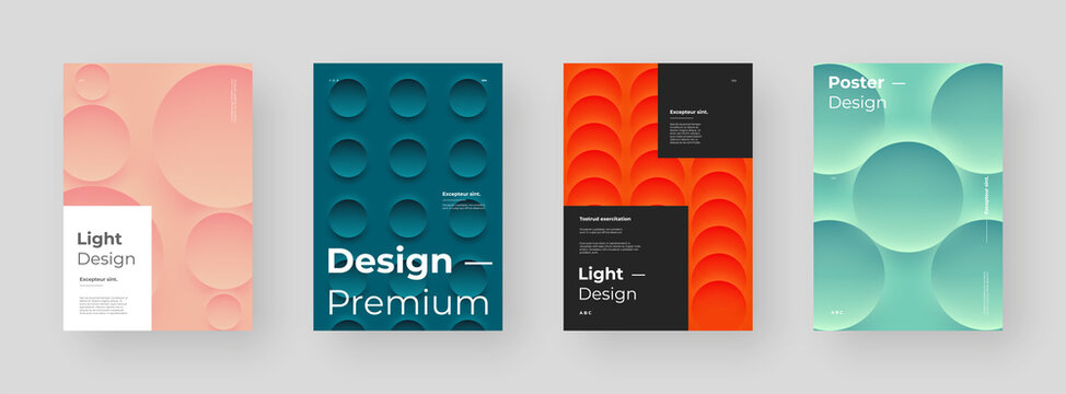 Abstract set Placards, Posters, Flyers, Banner Designs. Colorful illustration on vertical A4 format. 3d geometric shapes. Decorative neumorphism backdrop.