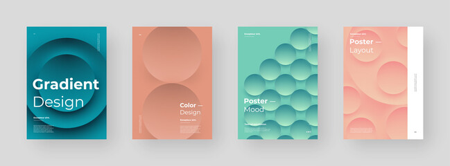 Abstract set Placards, Posters, Flyers, Banner Designs. Colorful illustration on vertical A4 format. 3d geometric shapes. Decorative neumorphism backdrop.