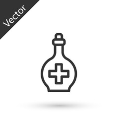 Grey line Bottle with potion icon isolated on white background. Flask with magic potion. Happy Halloween party. Vector