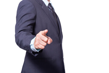 Portrait business man wearing a suit point finger forward isolated on white background with clipping path (select focus at finger)