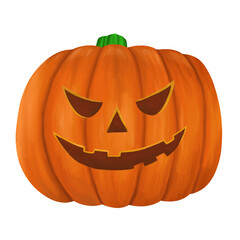 An orange pumpkin with a carved face. Decorations for the holiday of Halloween. Digital illustration isolated on a white background.