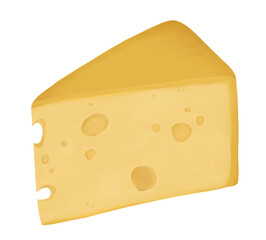 Cheese with holes is a piece of dairy product. Food, meyu, restaurant, cooking. Digital illustration isolated on a white background.