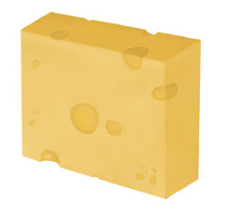 Cheese with holes is a piece of dairy product. Food, meyu, restaurant, cooking. Digital illustration isolated on a white background.