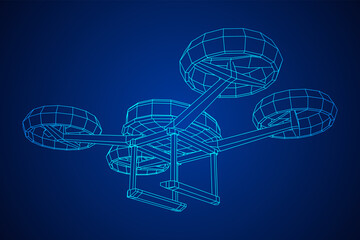 Drone flying with action video camera. Wireframe low poly mesh vector illustration