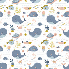 Baby seamless pattern with marine life. Vector background in simple hand drawn scandinavian cartoon doodle style.