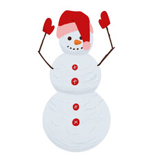 Digital illustration. Snowman of three balls in a hat and mittens. Winter, new year, snowy, christmas. Isolated on a white background.