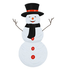 Digital illustration. Snowman from three balls in a hat and a scarf. Winter, new year, snowy, christmas. Isolated on a white background.