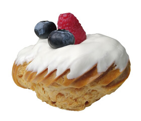 Digital illustration. Profiterole cake with white glaze, blueberries, raspberries. Food, restaurant, dessert, berry. Isolated on a white background.