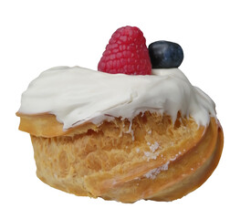 Digital illustration. Profiterole cake with white glaze, blueberries, raspberries. Food, restaurant, dessert, berry. Isolated on a white background.