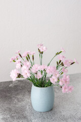 Fototapeta na wymiar Small pink carnations in a mug on a white wall background, part of a home interior