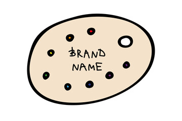 Colored vector illustration of a palette with paint in the color of the rainbow. Lettering Brand name. Objects for advertising an art store for artists, for online advertising, for textiles, for