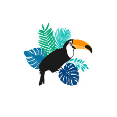 Toucan bird with palm leaves, bird of paradise