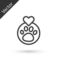 Grey line Heart with animals footprint icon isolated on white background. Pet paw in heart. Love to the animals. Vector