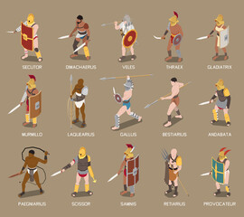 Roman Gladiators Isometric Set - obrazy, fototapety, plakaty