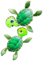 A set of contour illustrations in the style of stained glass with bright cartoon turtles, animals isolated on a white background