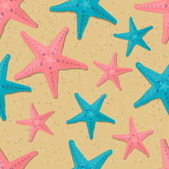 Fototapeta na wymiar Bright starfishes on the sand seamless pattern. Vector illustration